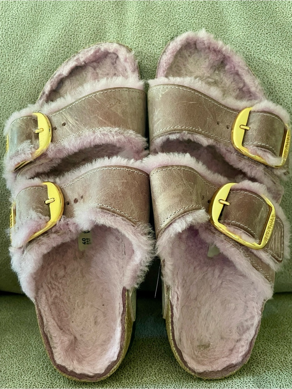 Birkenstock Lavendar Plush Slide Sandals with Gold Buckles Size 9/40eu